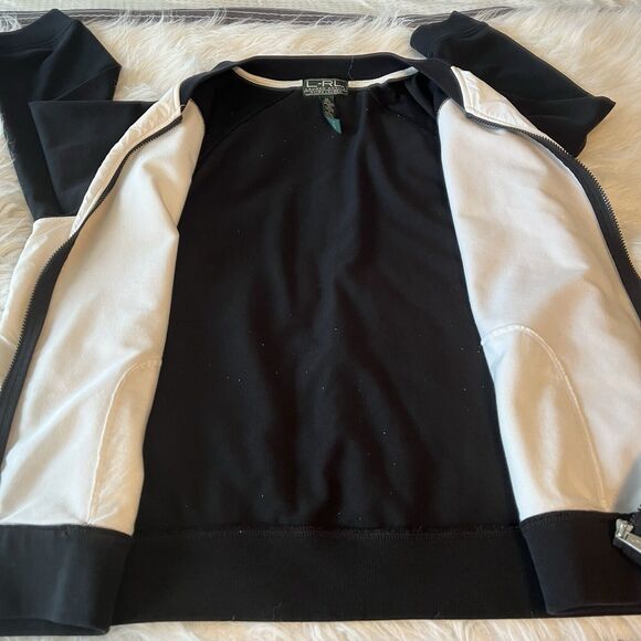 LAUREN RALPH LAUREN L-RL Black White Colorblock Cotton Blend Logo Track Jacket - Picture 6 of 12